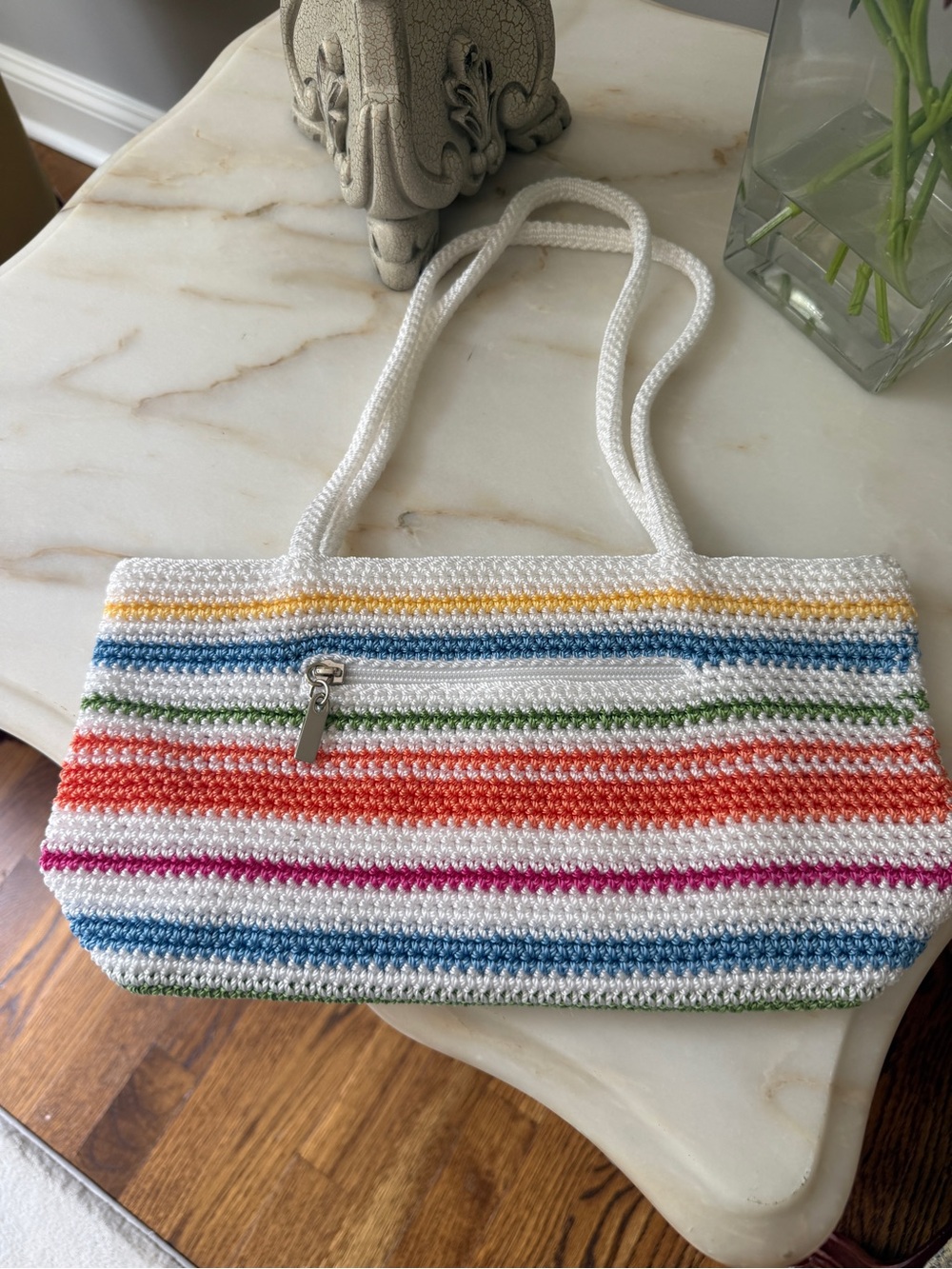 The Sak Crochet Striped Tote Bag White Multicolor Shoulder Purse - Picture 3 of 12